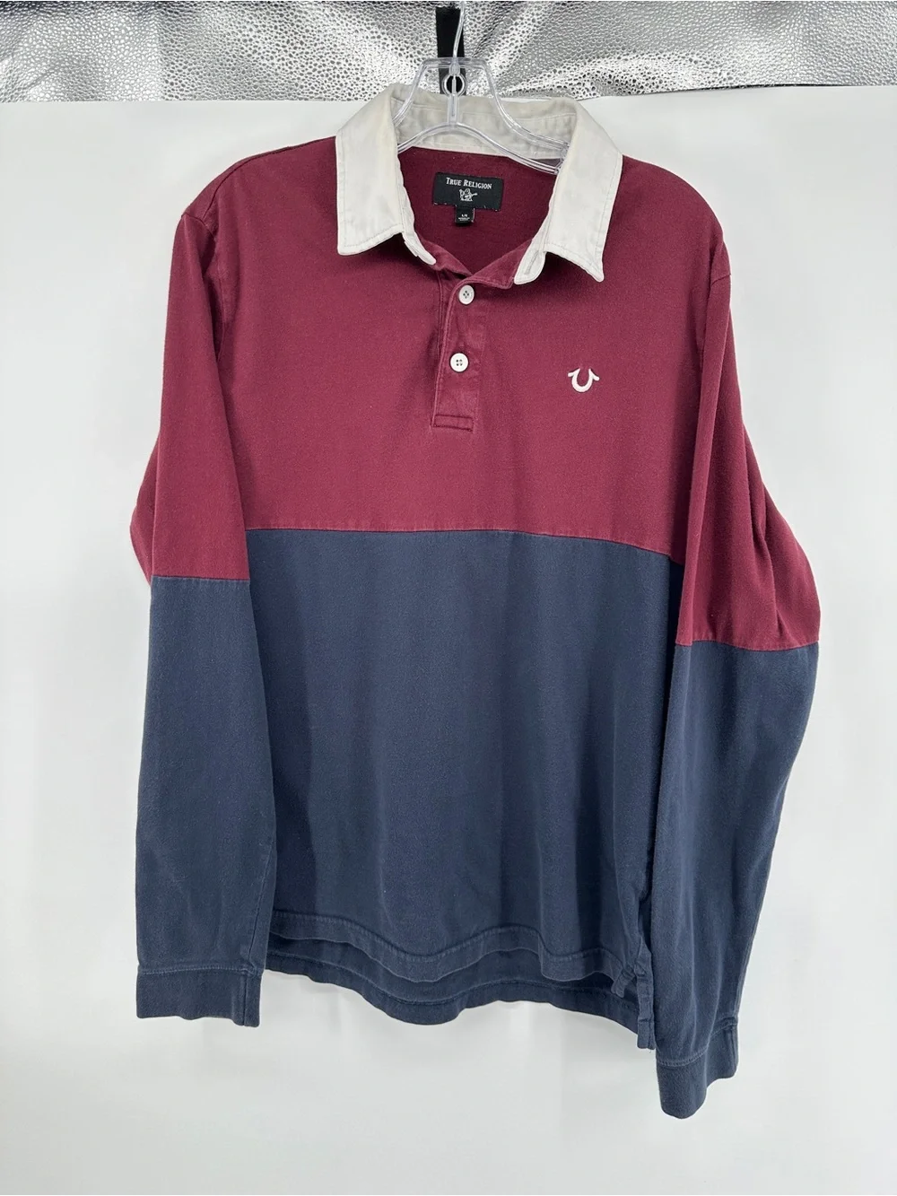 True Religion Y2K Hiphop Blockcore Urban Men’s Burgundy/Navy Rugby Shirt SzL